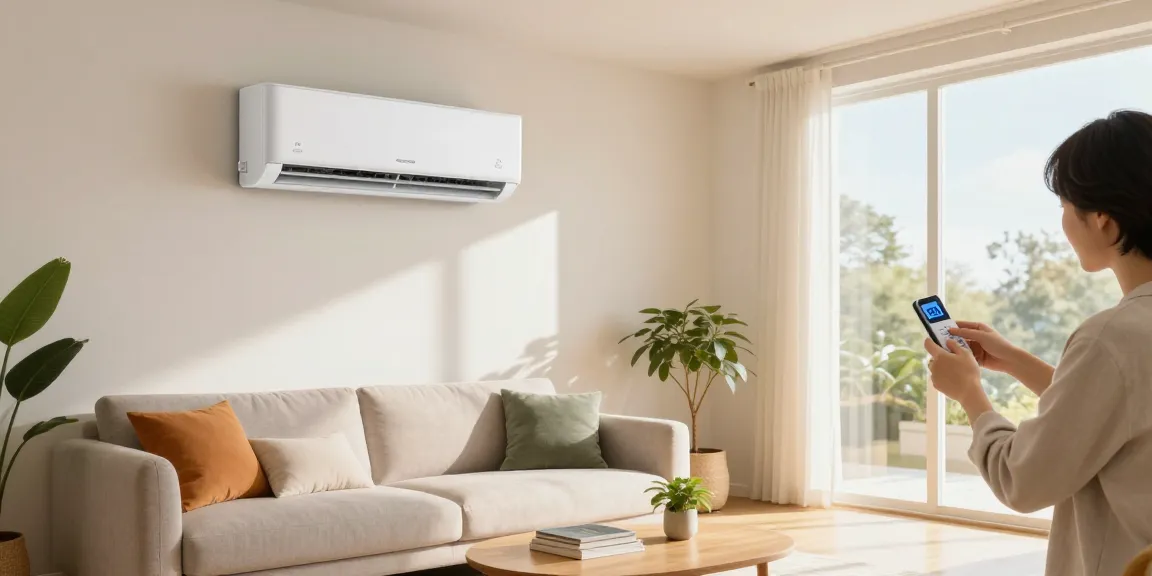Stylish mini split air conditioner in a bright modern living room with natural light.
