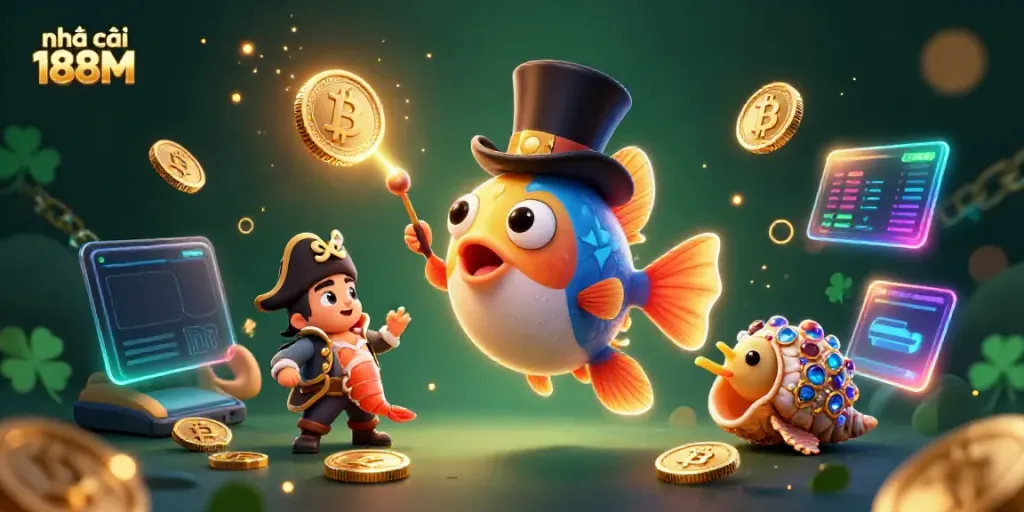 Engage with the captivating world of nhà cái 188M, featuring enchanting sea creatures and shimmering gold coins.