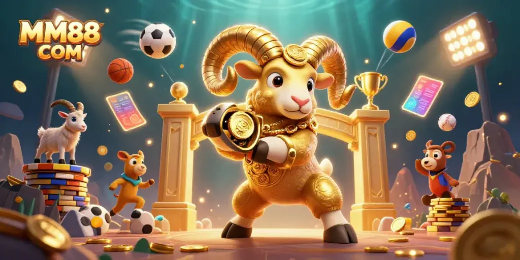 Engage with MM88 COM's vibrant 3D casino scene featuring dynamic sports elements and golden visuals.