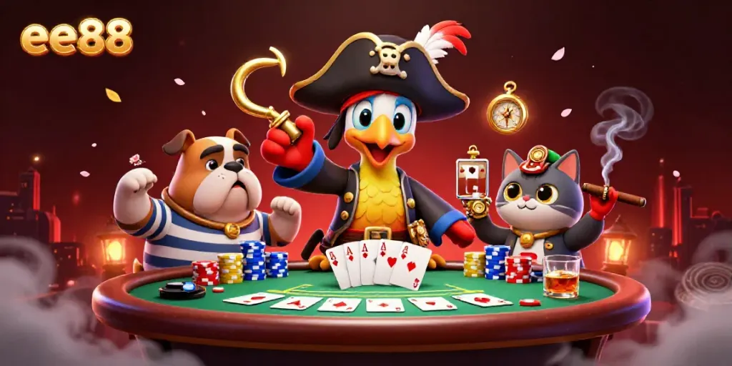Engaging scene showcasing the vibrant world of ee88 with unique characters around a poker table.