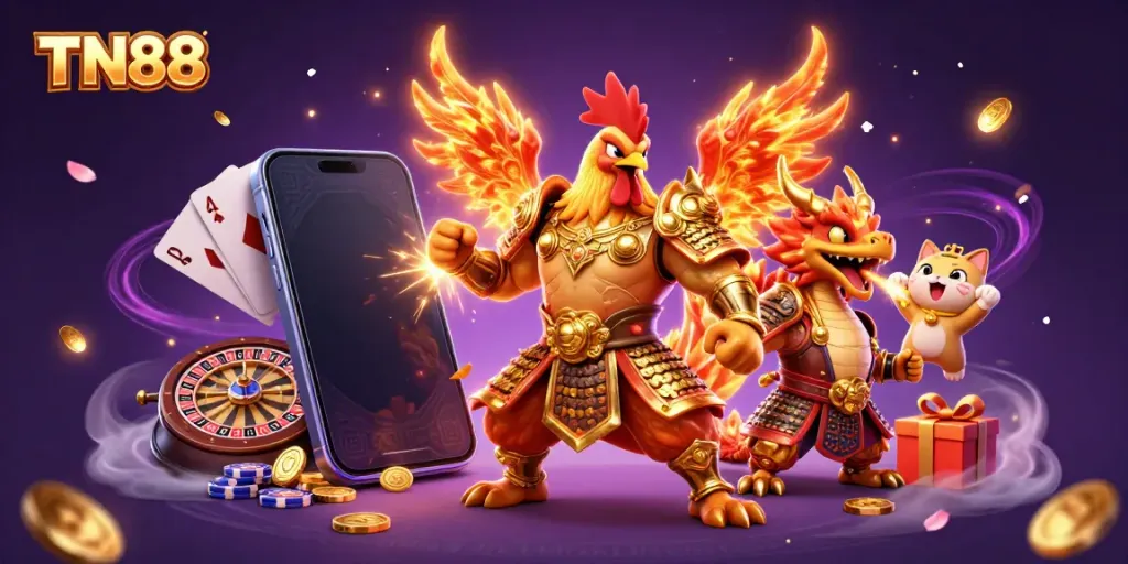Experience thrilling slots and games with TN88's vibrant 3D animation of heroic characters and exciting casino elements.