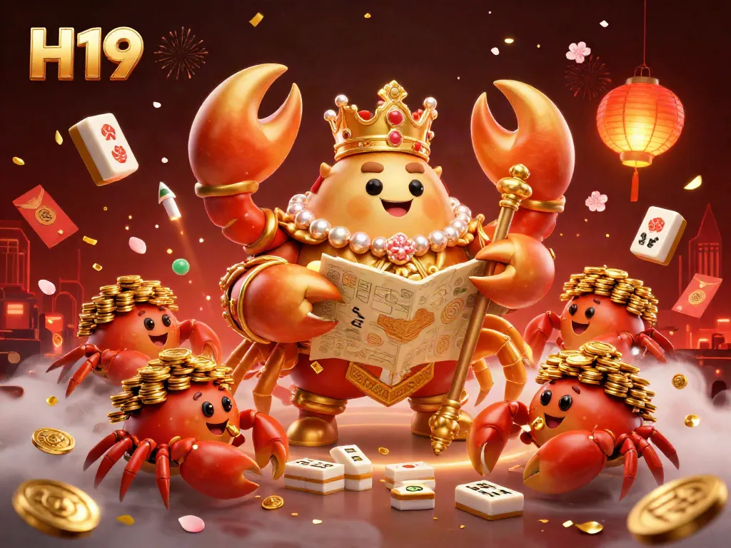 Engaging H19 casino illustration featuring a golden crab emperor and treasure elements amid dynamic gaming motifs.
