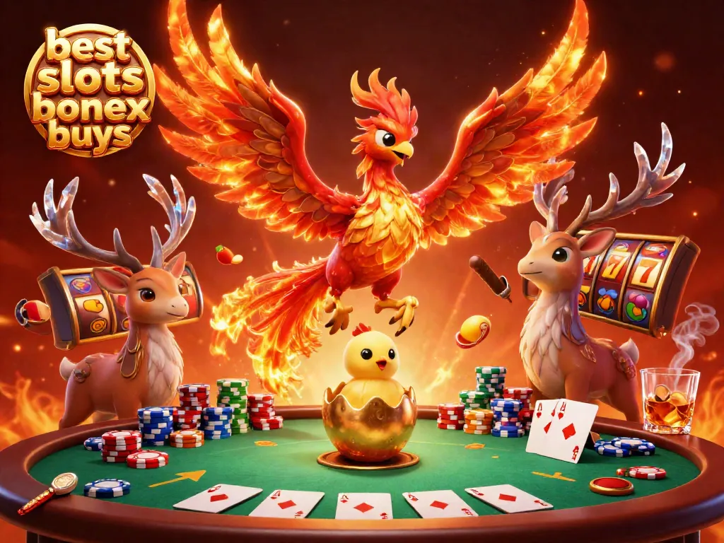 Engage with the best slots with bonus buys showcased in a vibrant casino scene with a fire phoenix and stellar game elements