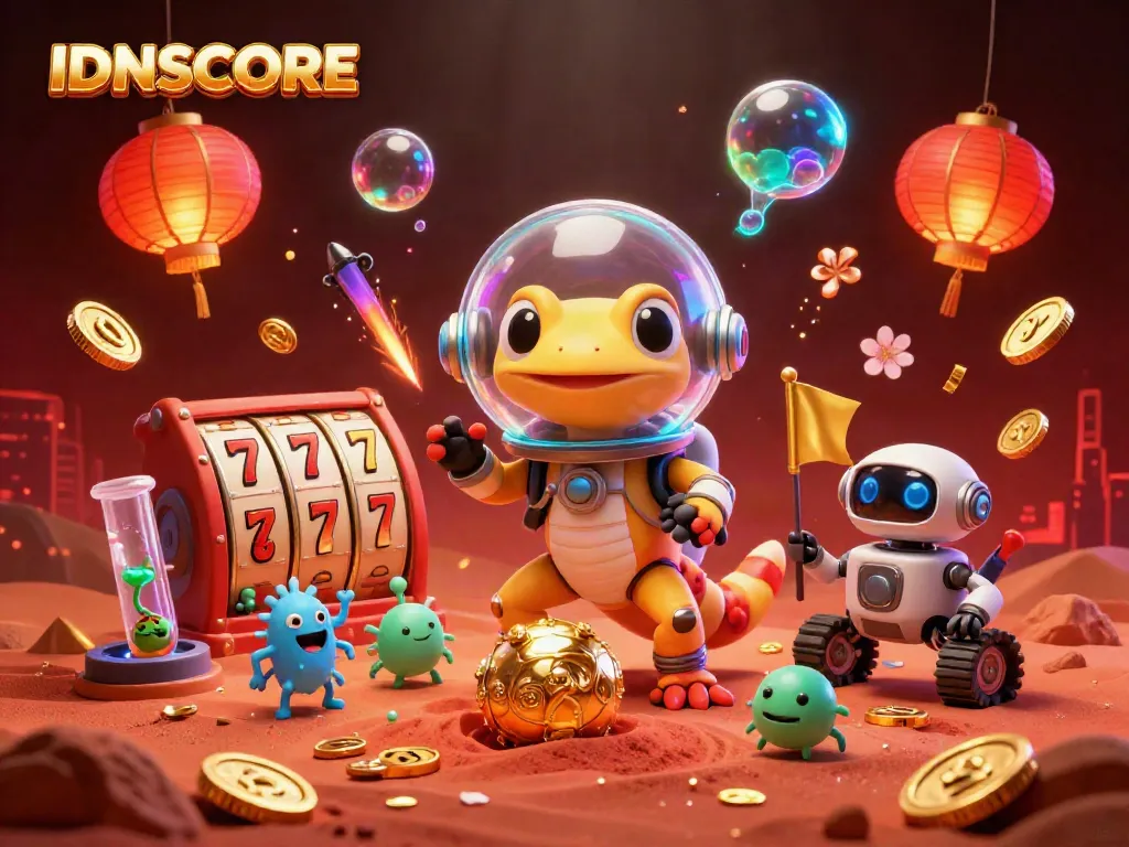 This IDNSCORE illustration features a Martian gecko and robot exploring a golden casino, celebrating wins.