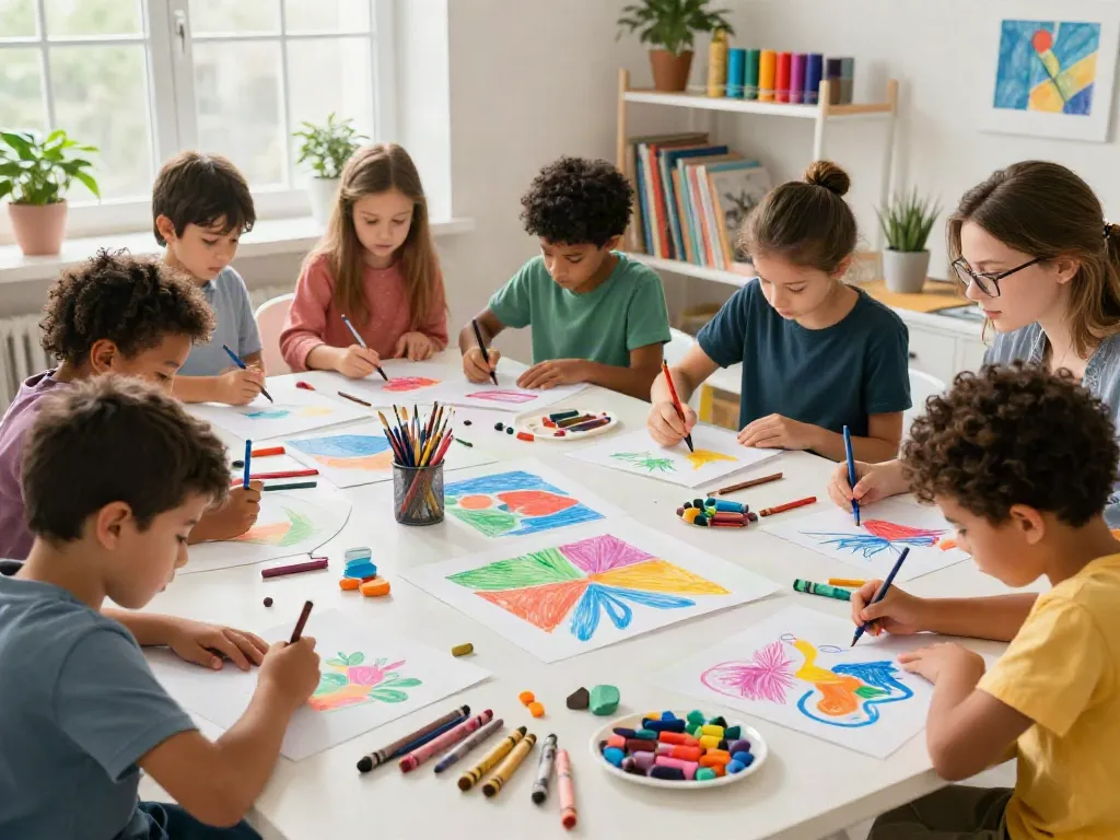 Engaged children and adults using crayons in a vibrant art studio, showcasing various crayon types by crayon manufacturers.