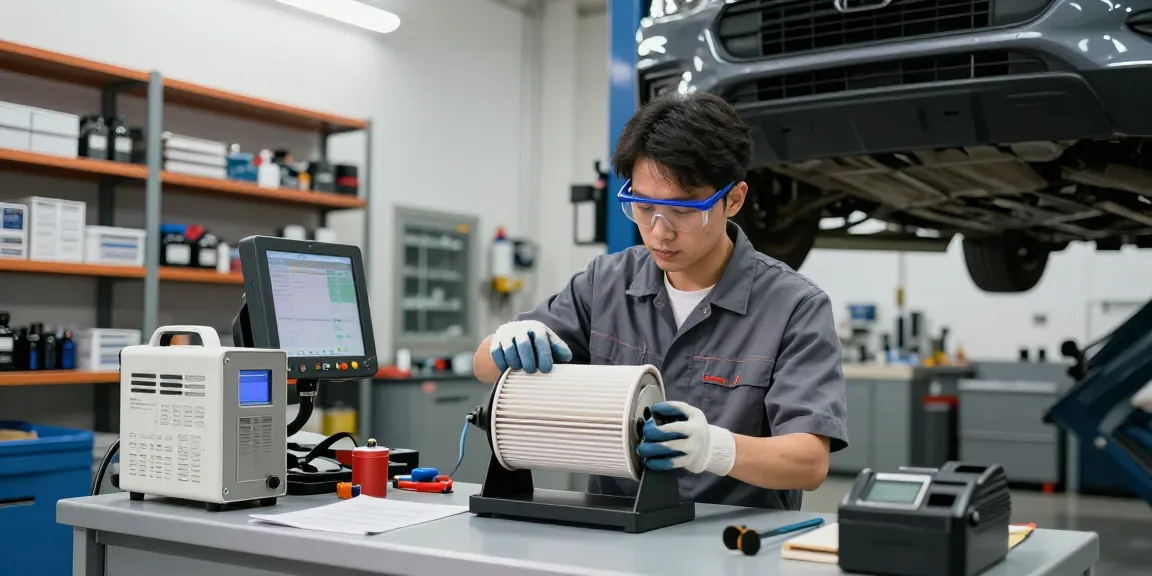 DPF Reinigung Hannover in einer professionellen Werkstatt mit Techniker und Reinigungsgeräten.