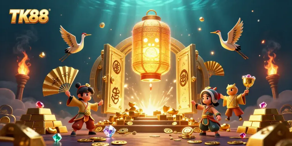 Experience the exciting TK88 casino atmosphere, highlighted by a golden lantern spirit and dazzling treasures.