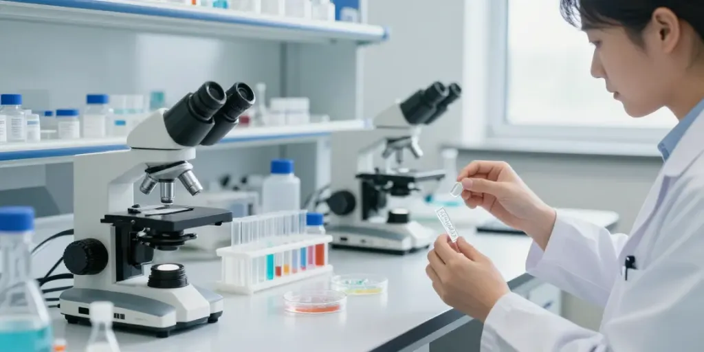 AminoWell research peptides in a modern laboratory setting with professional equipment.