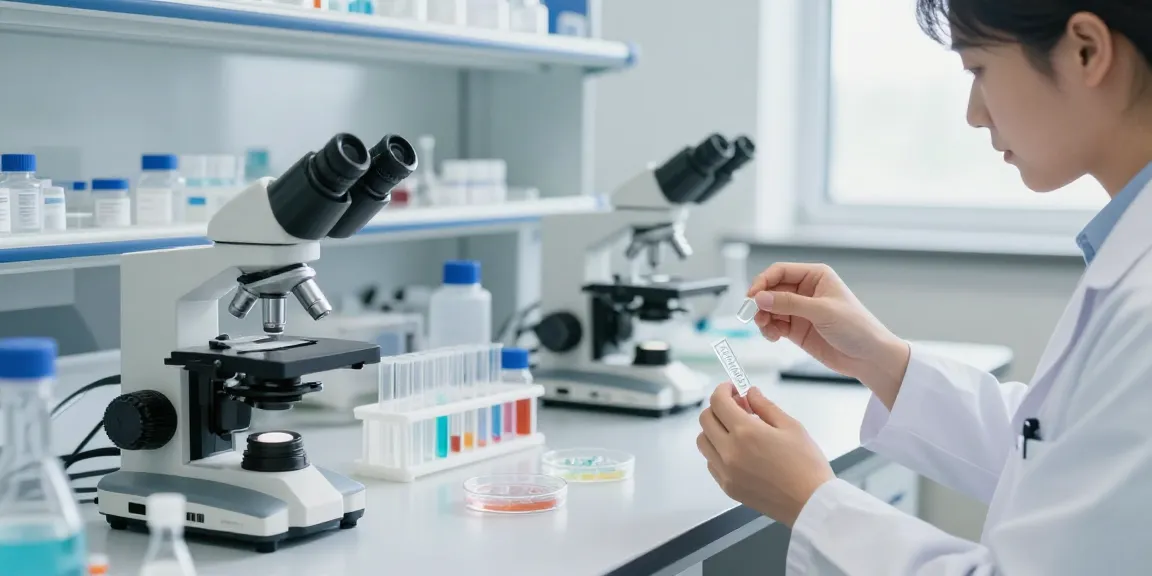 AminoWell research peptides in a modern laboratory setting with professional equipment.