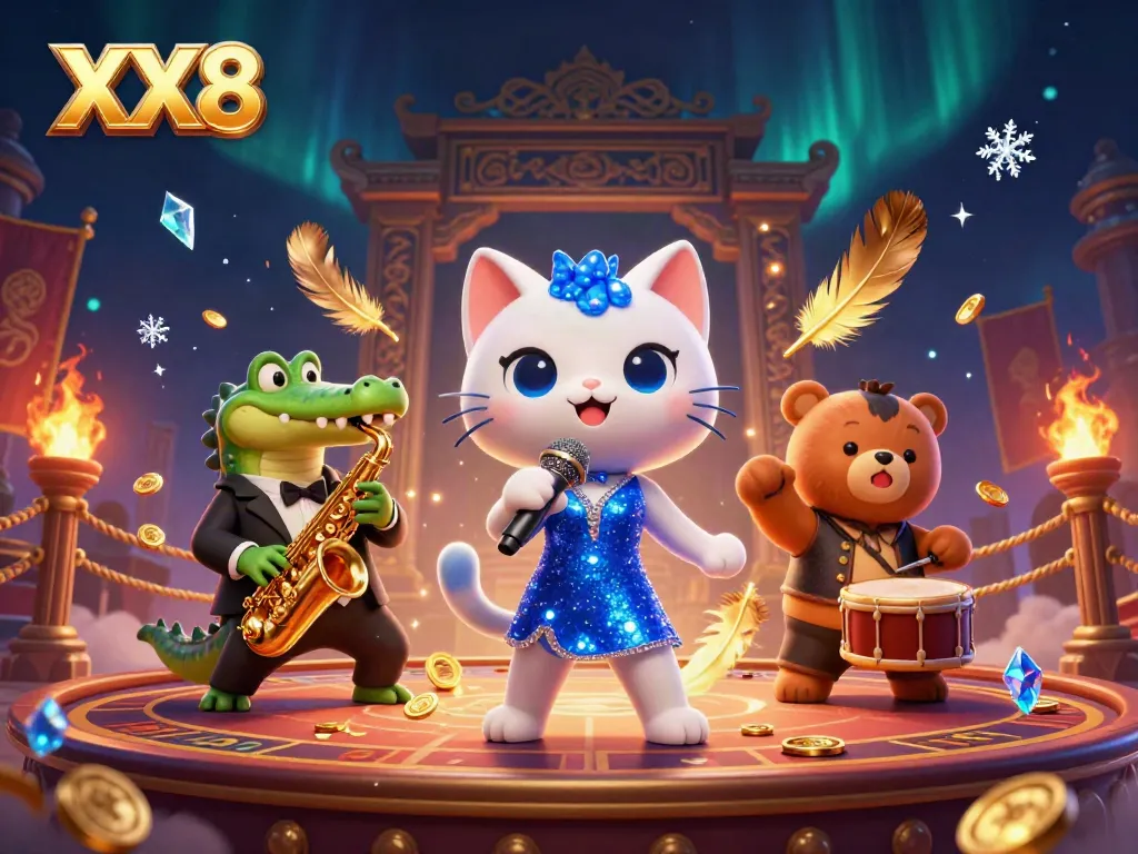 Engage in exciting gameplay at XX8 with a vibrant casino scene featuring animated characters and casino elements.