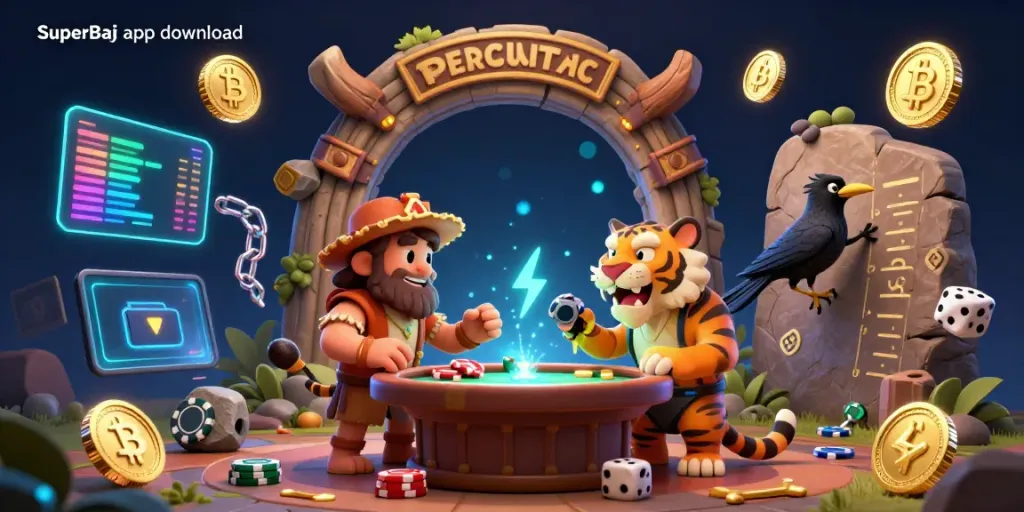 Experience the SuperBaji app download with unique caveman casino characters and modern crypto elements.
