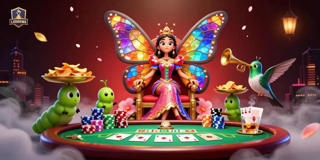 Experience gaming excitement with LGODEWA and its vibrant, detailed casino scene featuring a butterfly queen and poker elements.