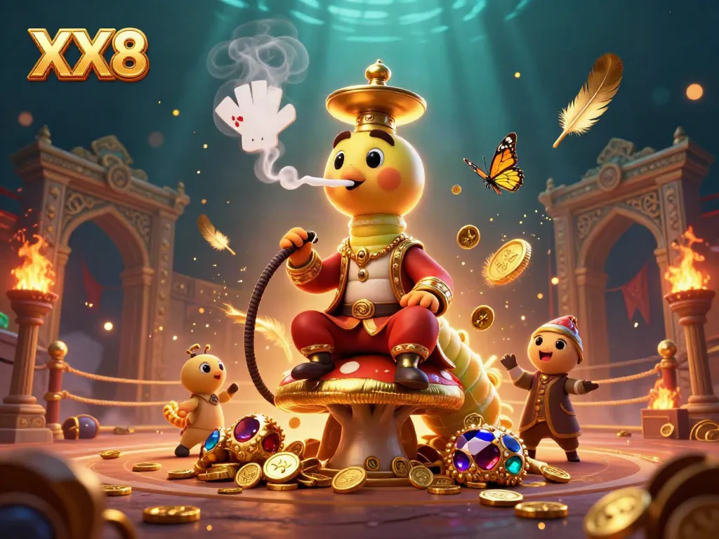 Engaging 3D scene showcasing the whimsical XX8 caterpillar master at a casino-themed throne, blowing smoke rings.