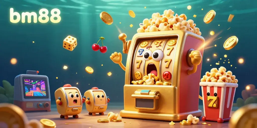 Experience the excitement of bm88 casinos with a jubilant slot machine celebrating its jackpot amidst gold coins and game symbols.