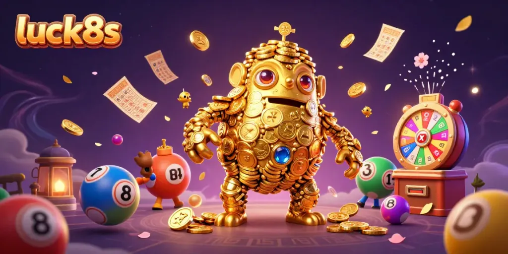 Experience thrilling luck8s action with a golden golem surrounded by dynamic lottery elements.