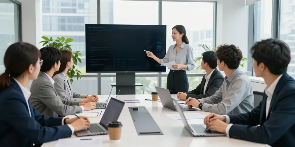 Team collaborating to develop innovative business strategies over here in a modern office setting.