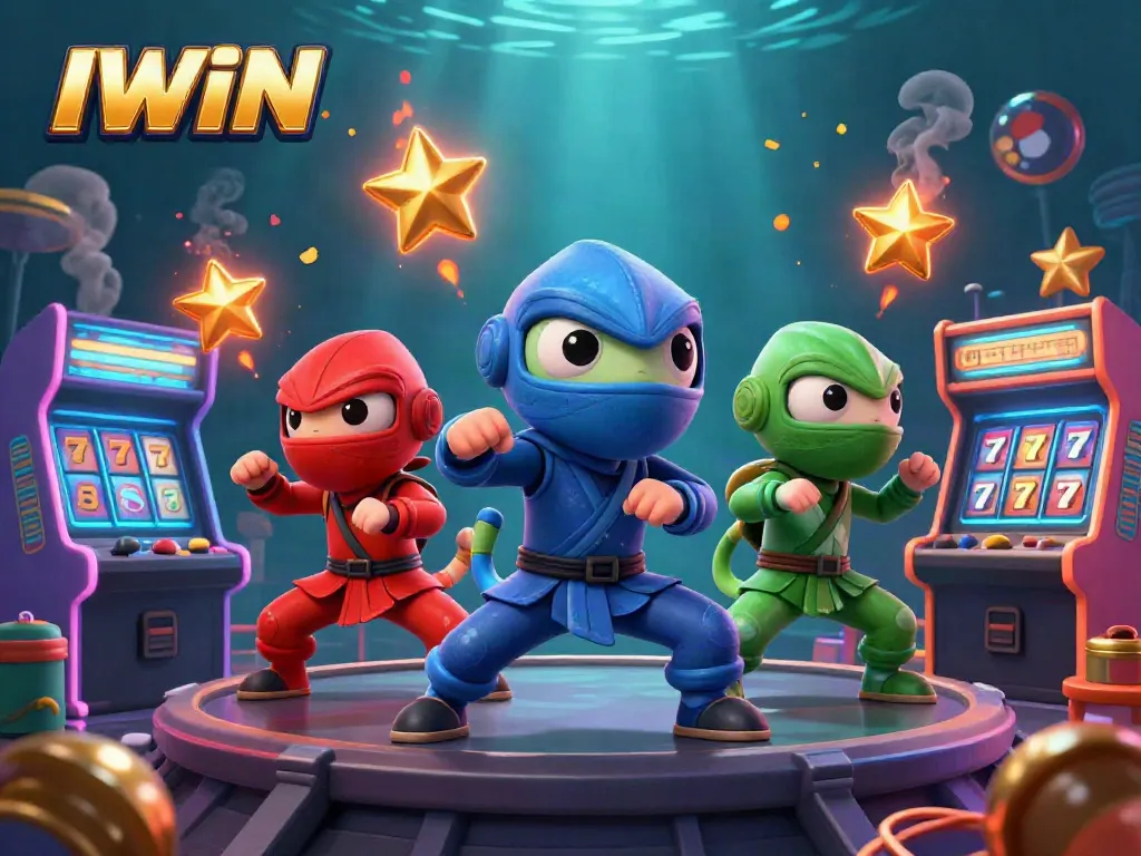 IWIN showcases vibrant casino culture through a dynamic 3D illustration of ninja chameleons amidst game machines.