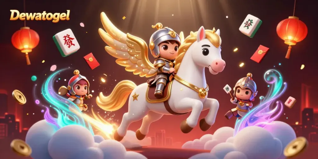 Dewatogel showcases a magical scene of a celestial horse and knight amidst festive elements promoting a thrilling gambling experience.