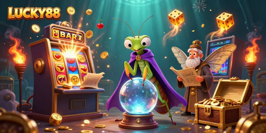 Experience the magic of LUCKY88 with a whimsical fortune teller and vibrant casino elements.