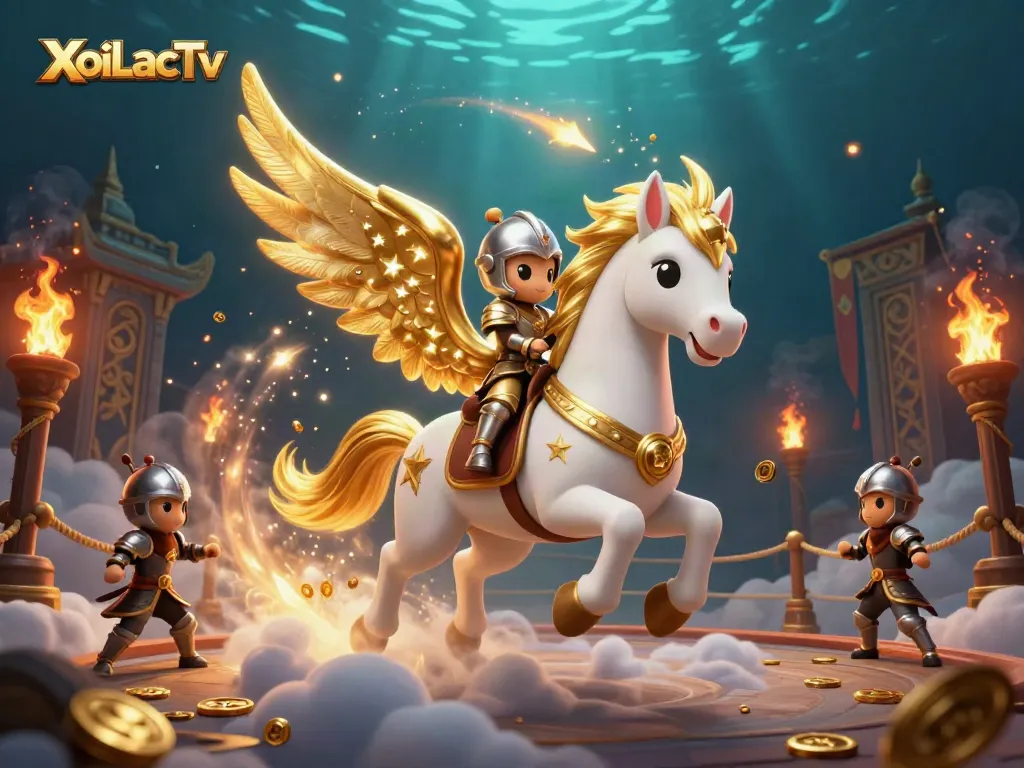 XoiLacTv showcases a thrilling knight on a magical horse amidst a rich gambling environment, filled with dynamic elements.