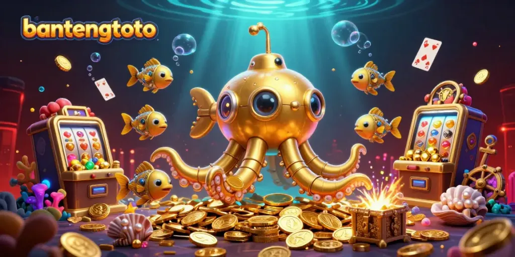 Experience the thrill of winning at bantengtoto with a vibrant 3D illustration of a golden kraken submarine amidst golden coins.
