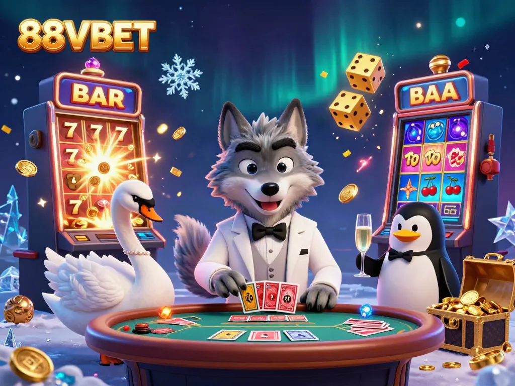 Experience exciting games with 88VBET at a luxurious baccarat table featuring a debonair wolf, swan dealer, and penguin sommelier.
