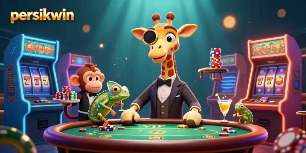 Persikwin menghadirkan pengalaman bermain kasino dalam ilustrasi ceria dengan giraffe dan chameleon.