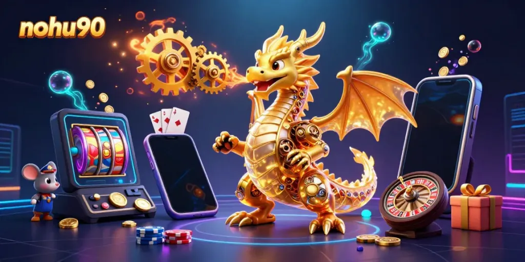 Experience thrilling gaming adventures with nohu90's dynamic casino scene featuring a golden dragon.