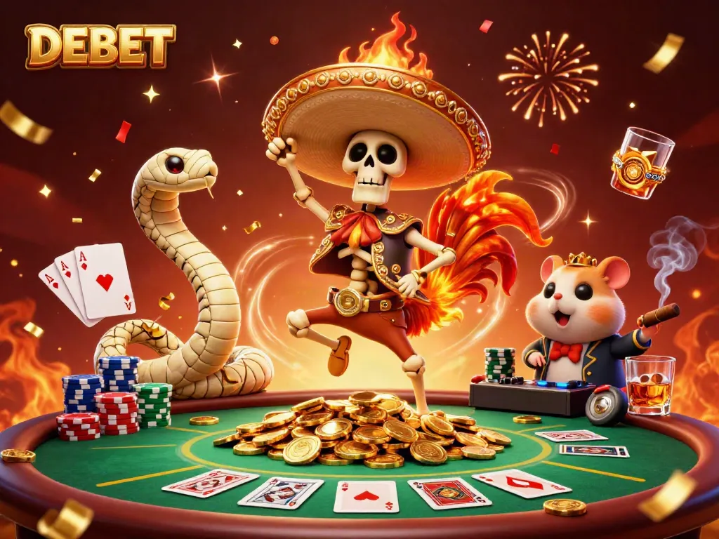 Engage in casino excitement as DEBET's lively characters celebrate wins with poker elements.