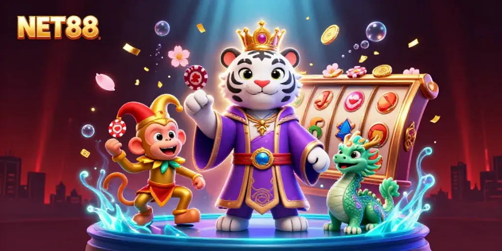 Engage in thrilling casino fun with NET88 featuring a majestic tiger, monkey, and dragon along with vibrant game elements.