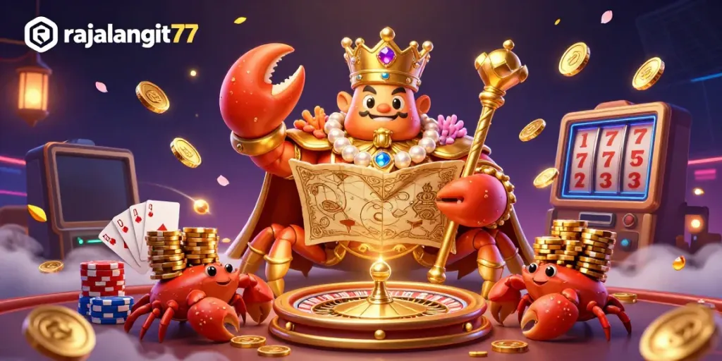Permainan di RAJALANGIT77 menampilkan raja kepiting emas megah yang memegang piyandel, dikelilingi koin emas dan grafis kasino menarik.