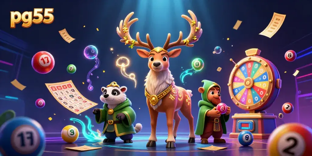 Bet on pg55 with a vibrant 3D illustration of a druid stag and lottery elements.