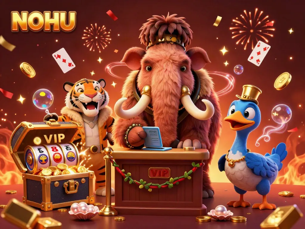 NOHU casino scene with a woolly mammoth bouncer, saber-tooth tiger VIP, and magical elements.