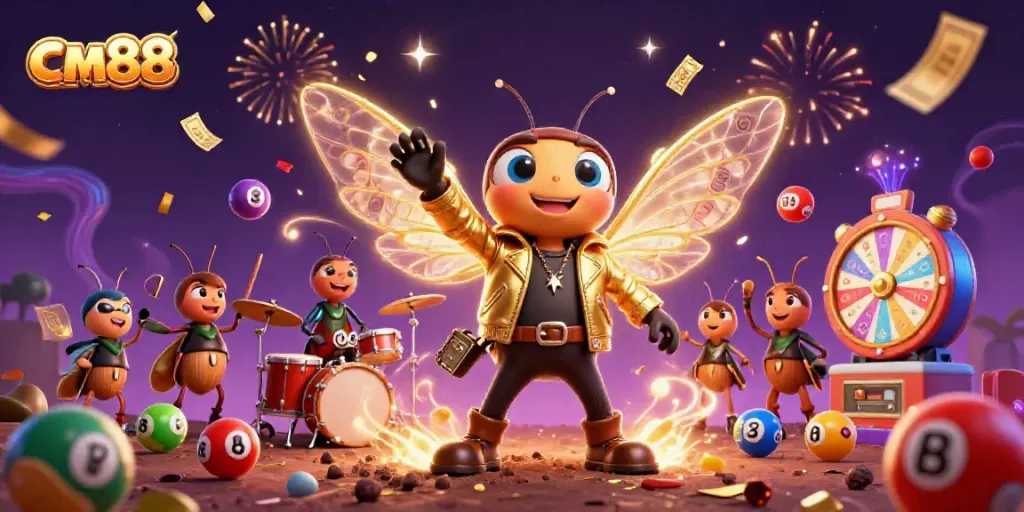 Experience fun at cm88 with a vibrant 3D illustration of a cicada rock star and dynamic casino elements.
