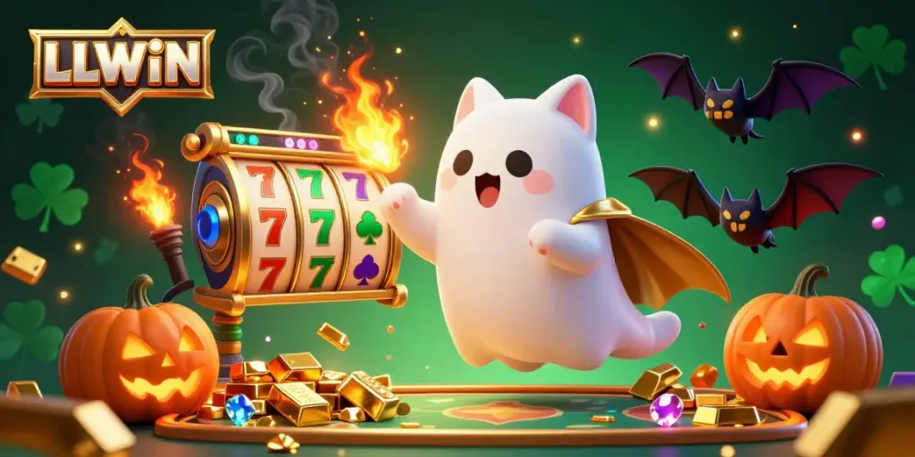LLWIN ghost cat interacts with vibrant casino elements, revealing winning opportunities and excitement.