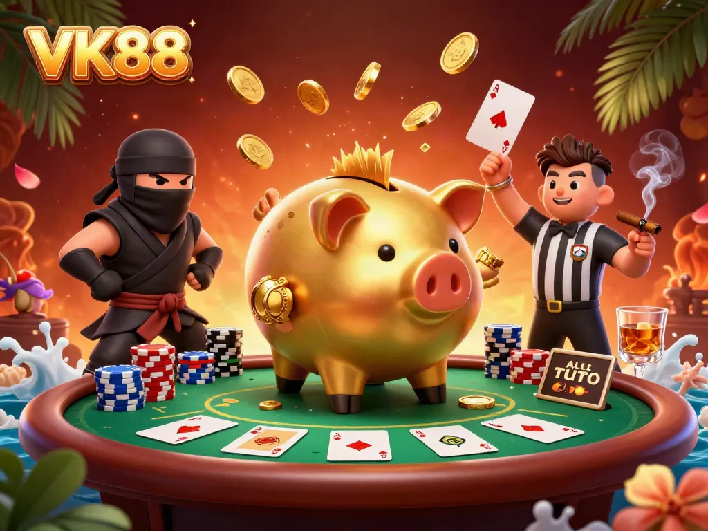 Engage in vibrant VK88 casino action with a golden piggy bank sumo wrestler amid colorful poker elements.