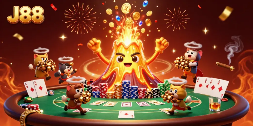 Experience thrilling gameplay with J88 as gold coins erupt from a fiery volcano amidst poker chaos.