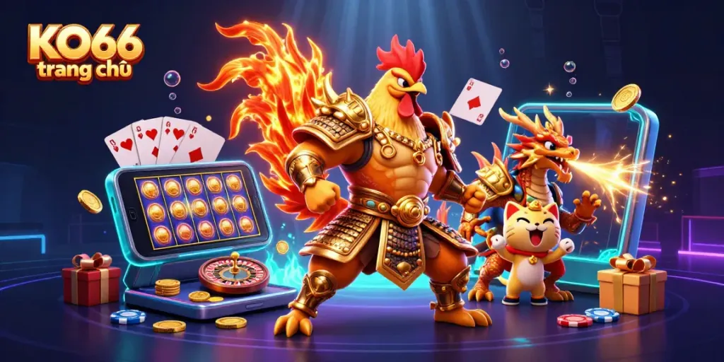 Win big with KO66 trang chủ, where a heroic rooster warrior and dragon hatchling celebrate gaming excitement.