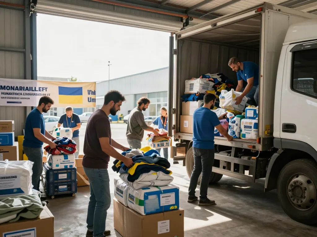 Humanitäre Hilfstransporte, Freiwillige laden Hilfsgüter in Lkw in einem logistischen Zentrum.