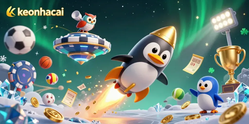 Experience the thrill of keonhacai with a golden penguin soaring through a vibrant casino cosmos.