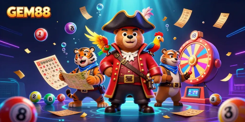 Engage in exciting gameplay at GEM88 with colorful lottery elements, winning opportunities, and dynamic casino atmosphere.