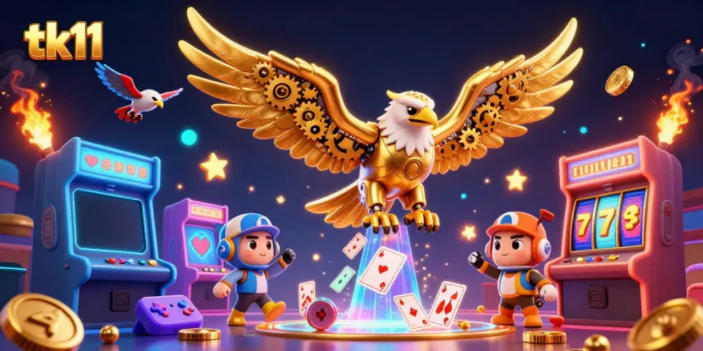 Engaging tk11 casino scene with a golden eagle and arcade elements for thrilling gameplay.