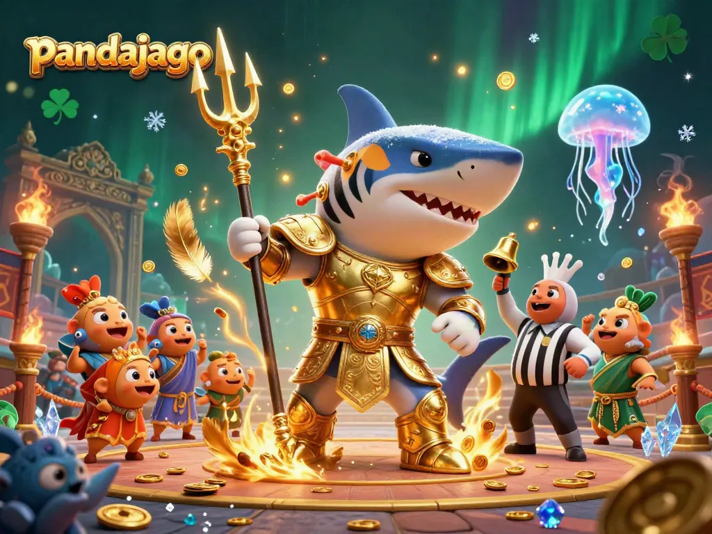 Pandajago menghadirkan ilustrasi kasino dengan hiu kartun berperisai dan penonton ikan bersorak.