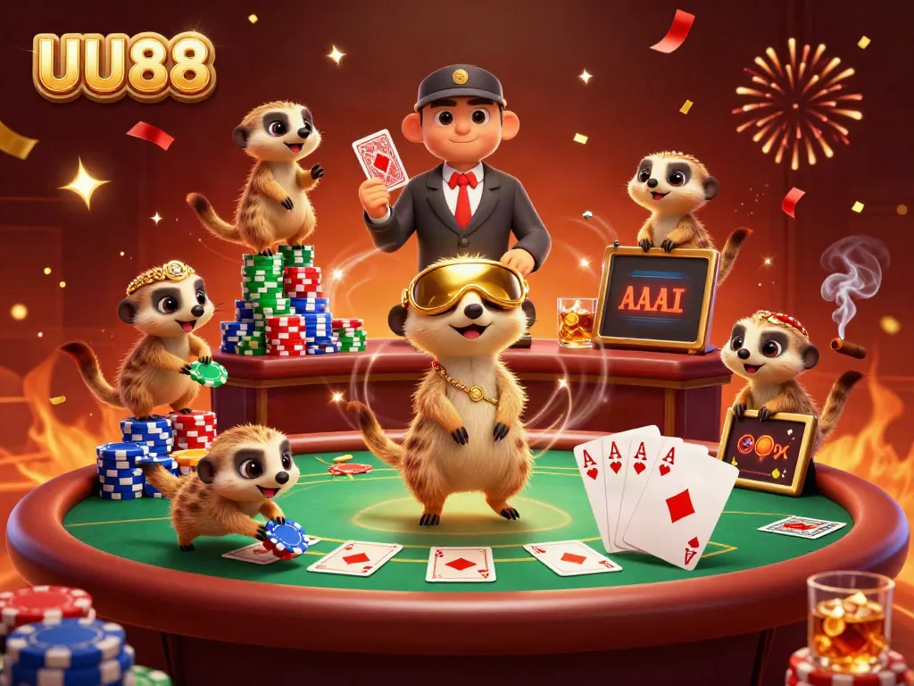 Experience thrilling gaming with UU88's vibrant casino scene showcasing meerkats in action.