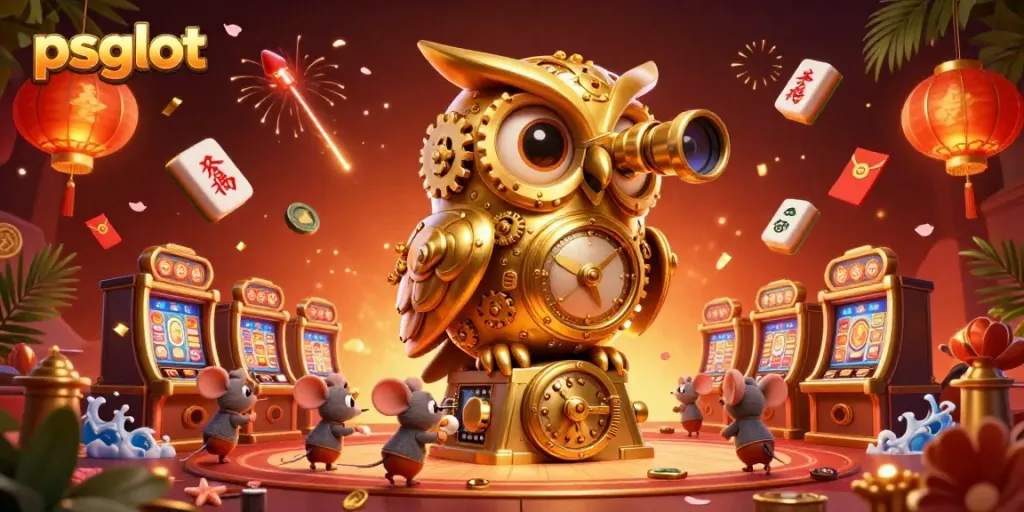 Engage with psgslot's vibrant casino scene featuring a golden owl and mouse patrons amidst dynamic gaming elements.