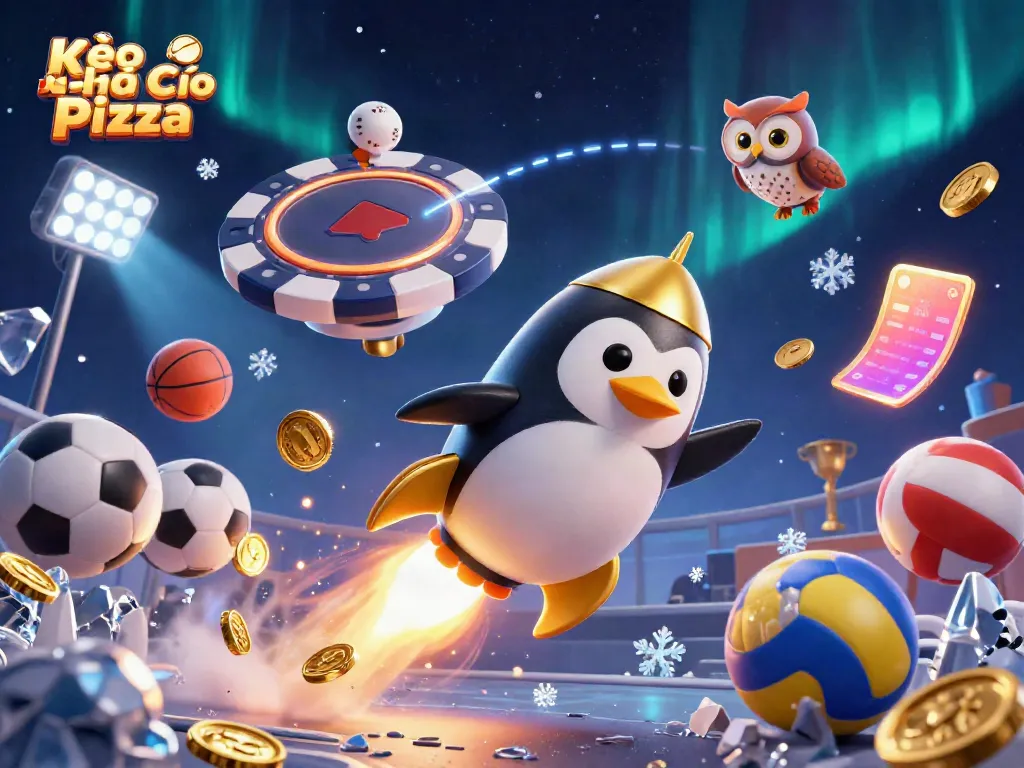 Kèo Nhà Cái Pizza showcases a golden penguin racing to a casino space station amidst sports balls and glowing betting slips.