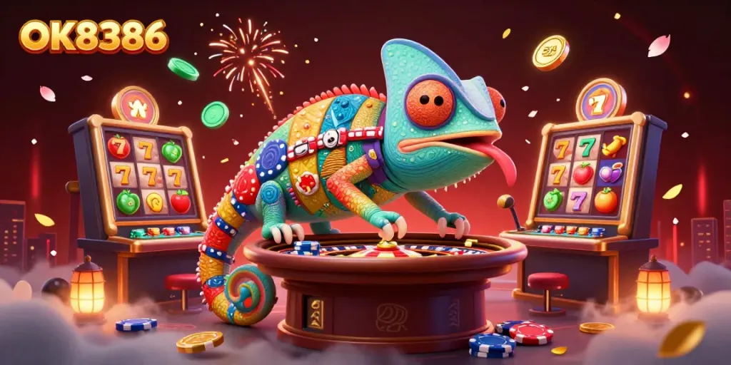 Experience the vibrant world of OK8386 with a colorful chameleon casino owner and dynamic slot game elements.