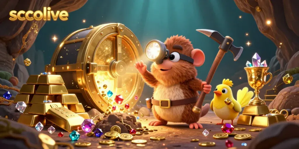 Experience the thrill of socolive with our dynamic treasure hunting adventure featuring a mole and canary in a dazzling gold cave.