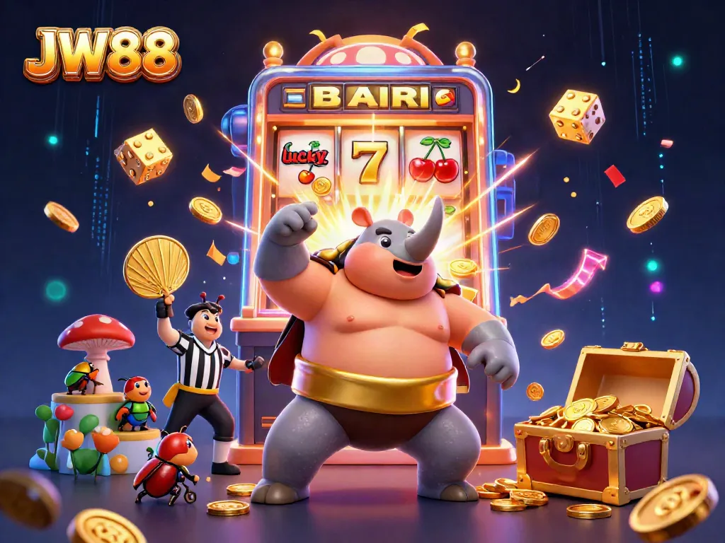 Experience the vibrant world of JW88 with a sumo beetle champion surrounded by exciting slot elements and golden coins!