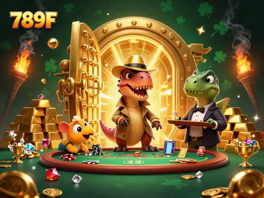 Experience the excitement of 789F as a cartoon velociraptor plays blackjack amidst treasures.